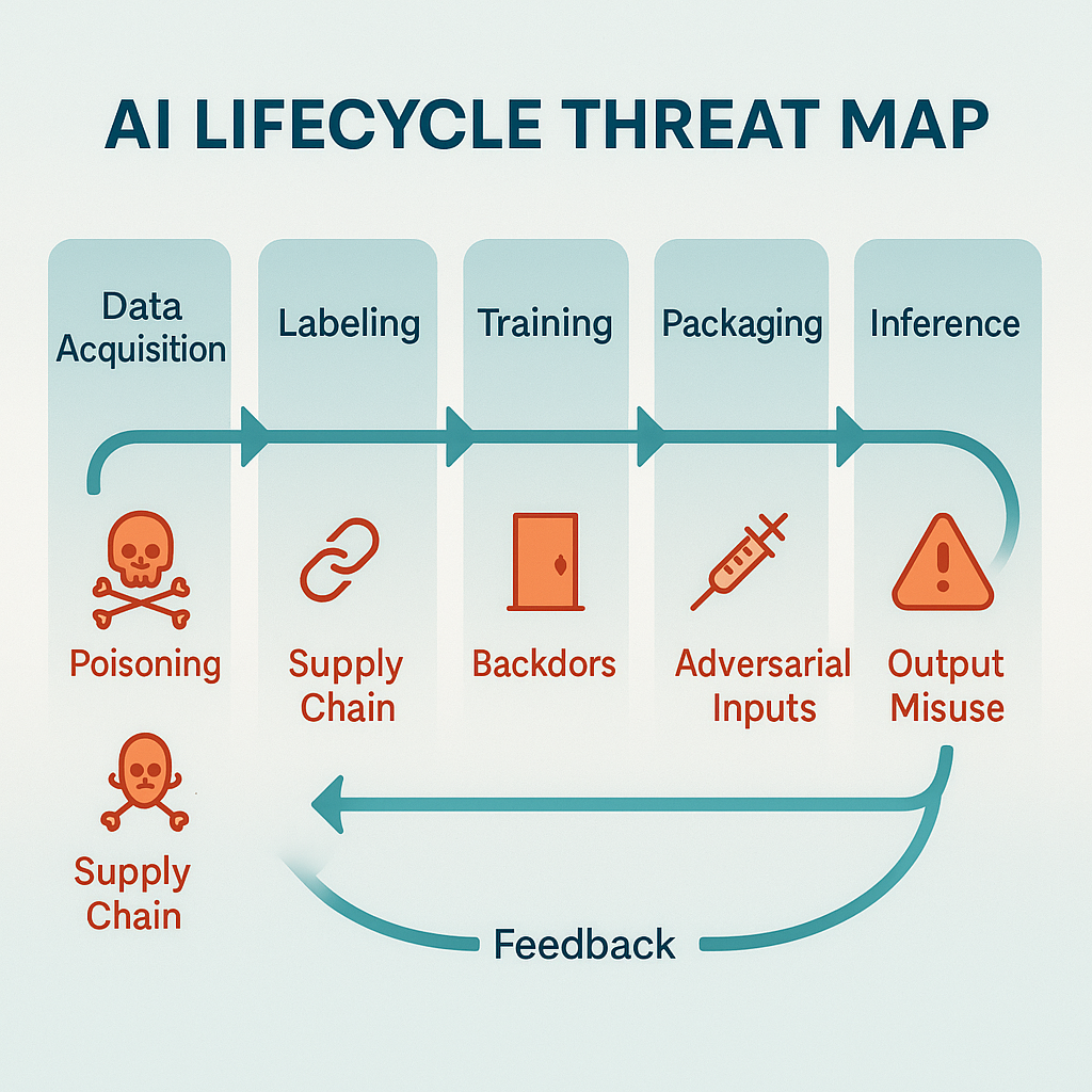 AI Lifecycle Threat Map showing ATLAS, OWASP, and STRIDE-AI integration across development stages