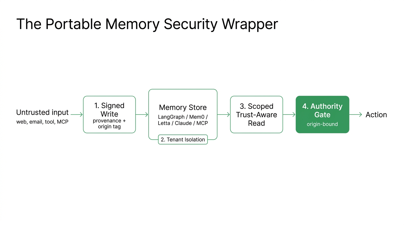 The portable memory security wrapper: untrusted input passes through a signed write (provenance and origin tag), into a memory store backend (LangGraph, Mem0, Letta, Claude, or MCP) with per-tenant isolation, then a scoped trust-aware read, then an origin-bound authority gate, before any action.