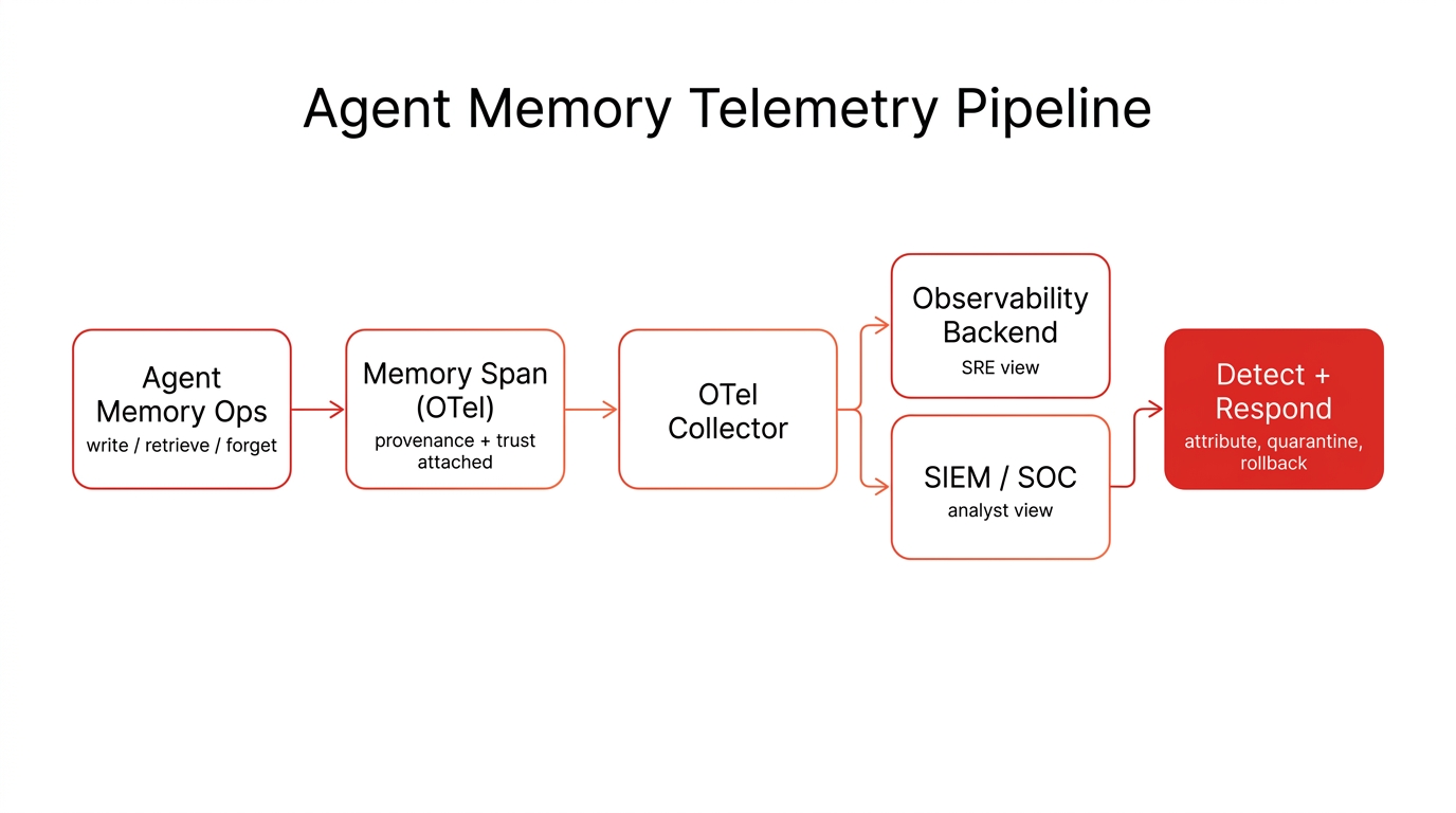 Agent memory telemetry pipeline: agent memory operations (write, retrieve, forget) emit an OpenTelemetry memory span with provenance and trust attached, flow through an OTel Collector that dual-exports to an observability backend (SRE view) and a SIEM/SOC (analyst view), which drives detect-and-respond: attribute, quarantine, rollback.