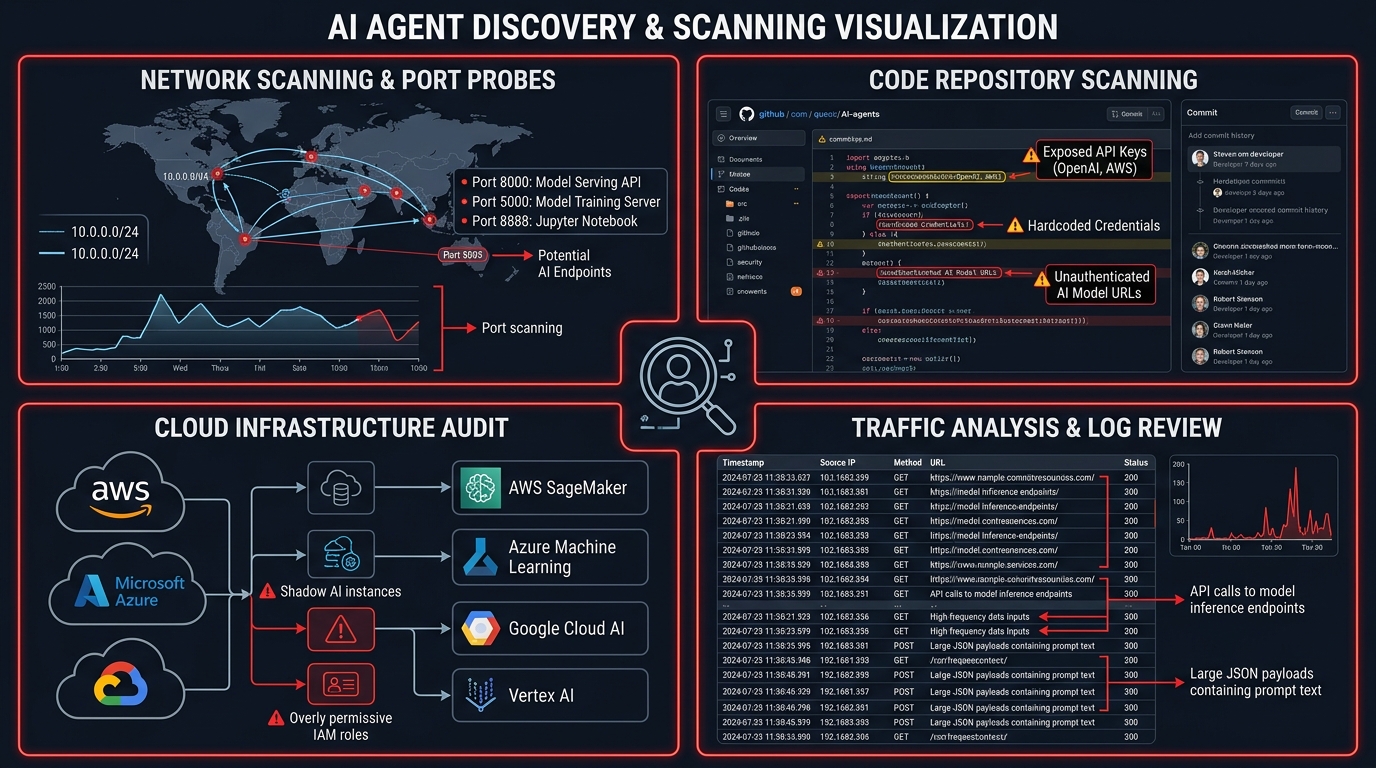 Four quadrants showing network, code, cloud, and traffic scanning methods