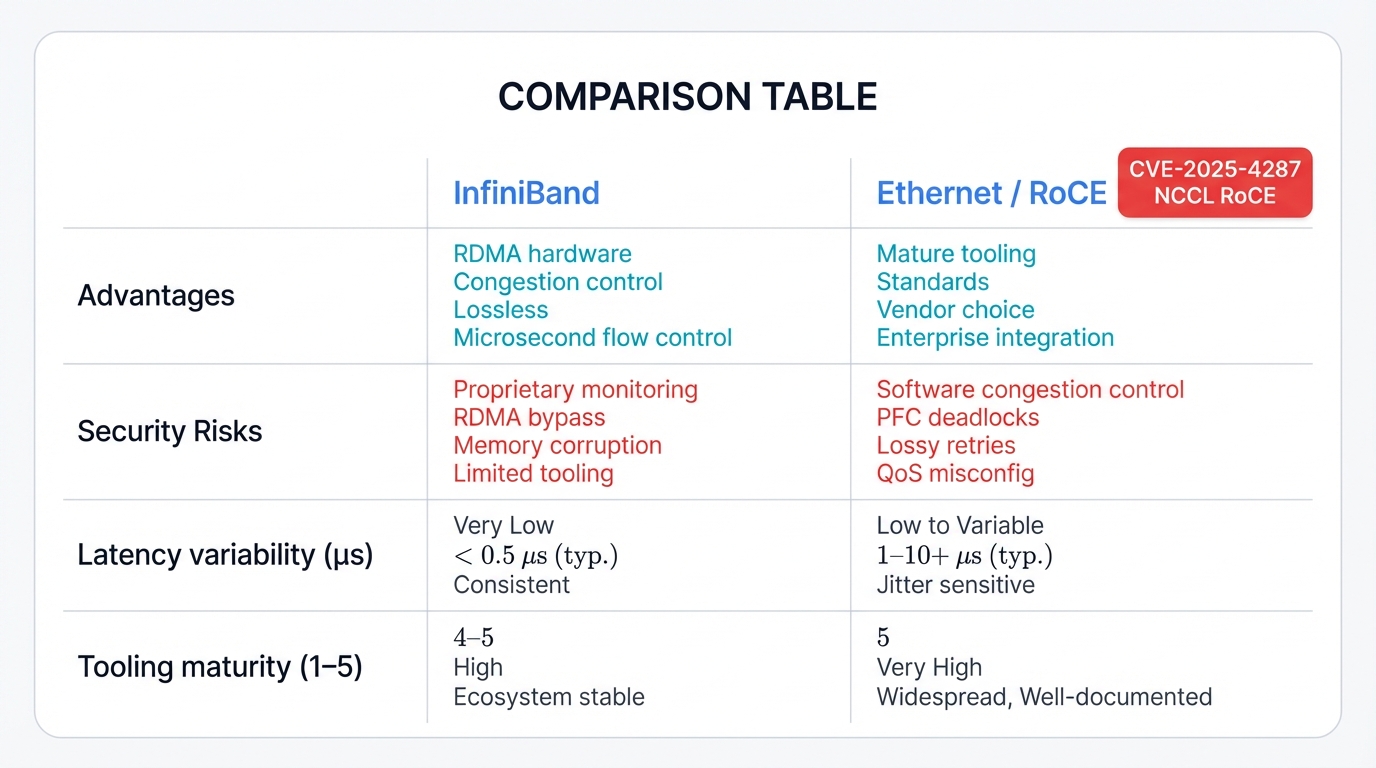InfiniBand vs Ethernet (RoCE) Security Trade-offs