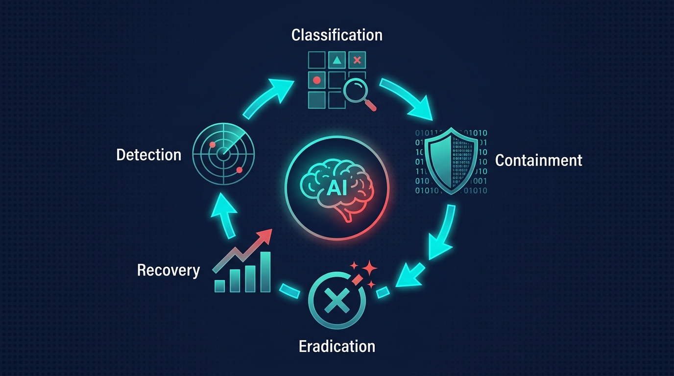 Incident response lifecycle flowing around a central AI system icon with detection, containment, eradication, recovery, and lessons learned phases