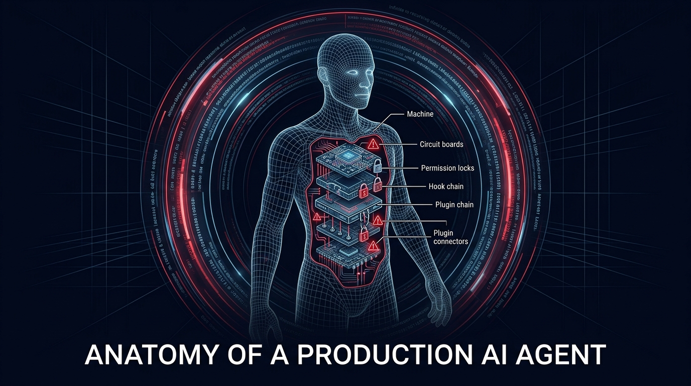 Anatomy of a Production AI Agent -- wireframe figure with exposed architecture layers