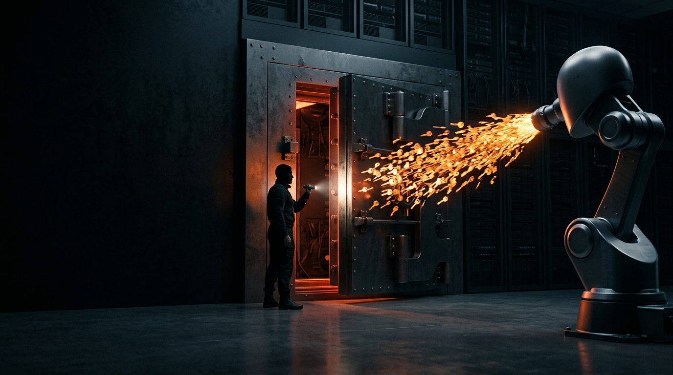 A dark server hall: an eyeless robotic arm fires a dense stream of thousands of glowing keys at a huge armored vault door, while a single human security expert with a handheld lamp stands at the cracked-open vault, the only one able to see what was actually found inside.