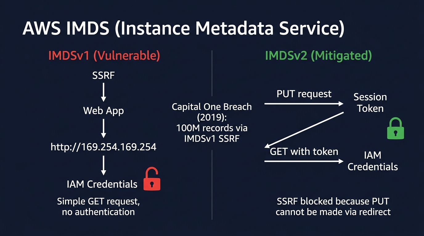 IMDSv1 vs IMDSv2: simple GET with no auth (vulnerable to SSRF) vs session token via PUT (blocks SSRF). Capital One: 100M records via IMDSv1.