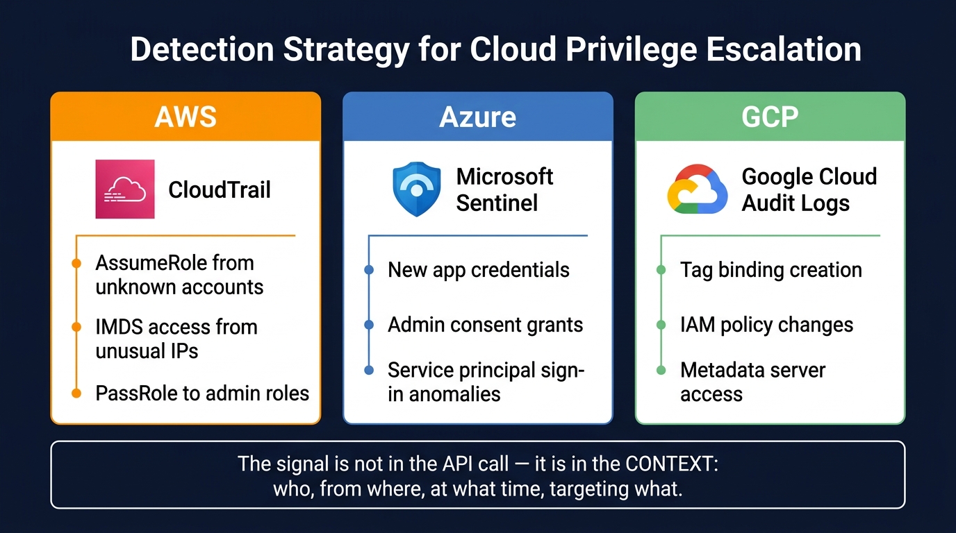 Detection strategies per cloud: AWS (CloudTrail), Azure (Sentinel), GCP (Cloud Audit). The signal is in the context, not the API call.