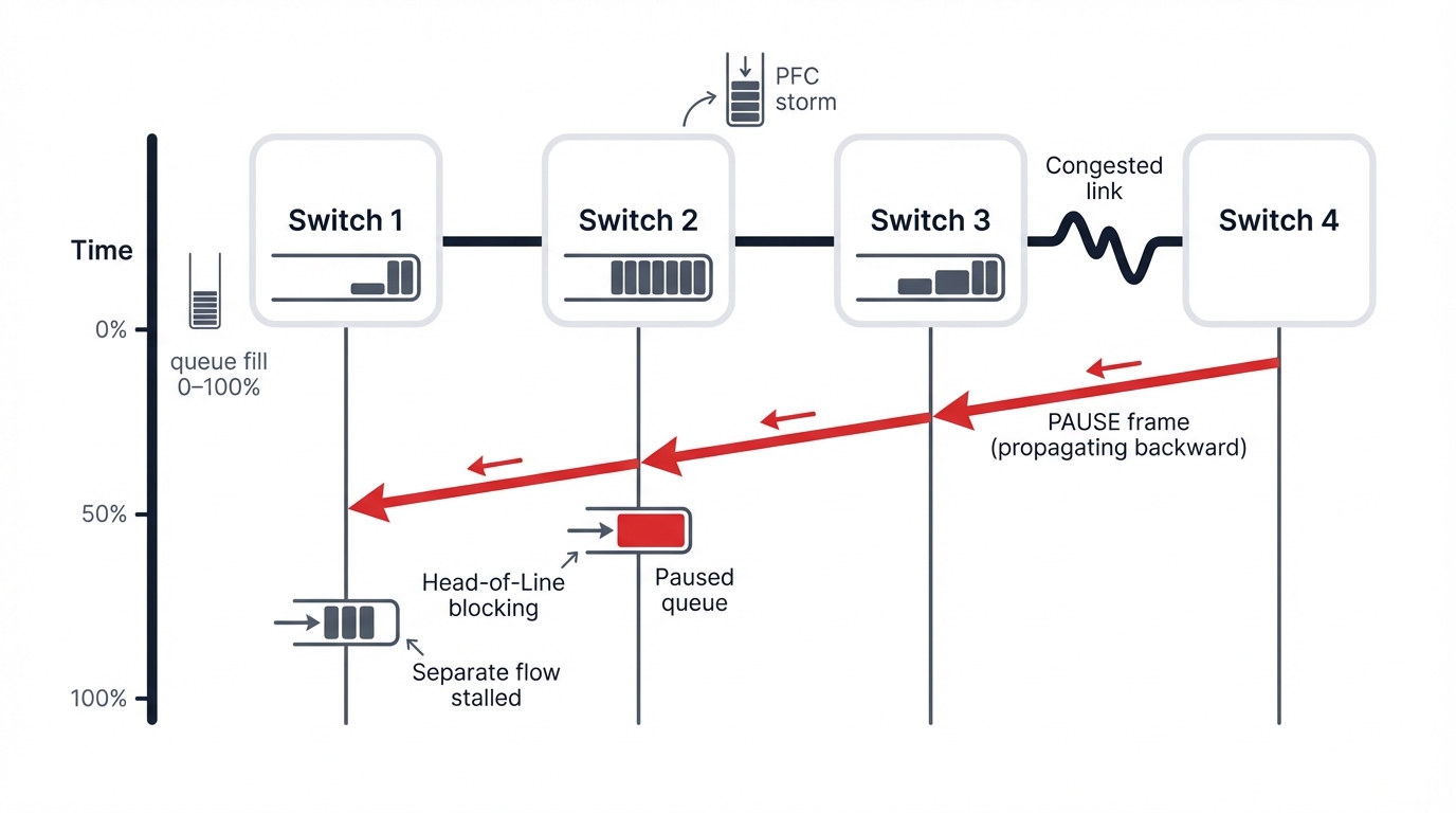PFC Storm Cascade and Head-of-Line Blocking
