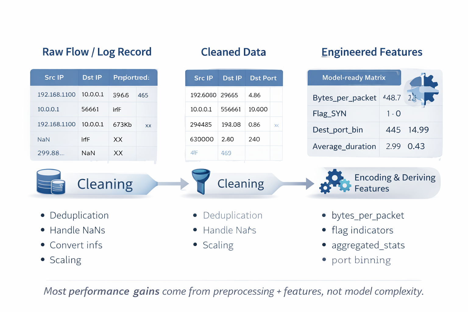 Data Preprocessing Pipeline for Intrusion Detection showing the transformation from raw network data through cleaning, normalization, encoding, and feature engineering