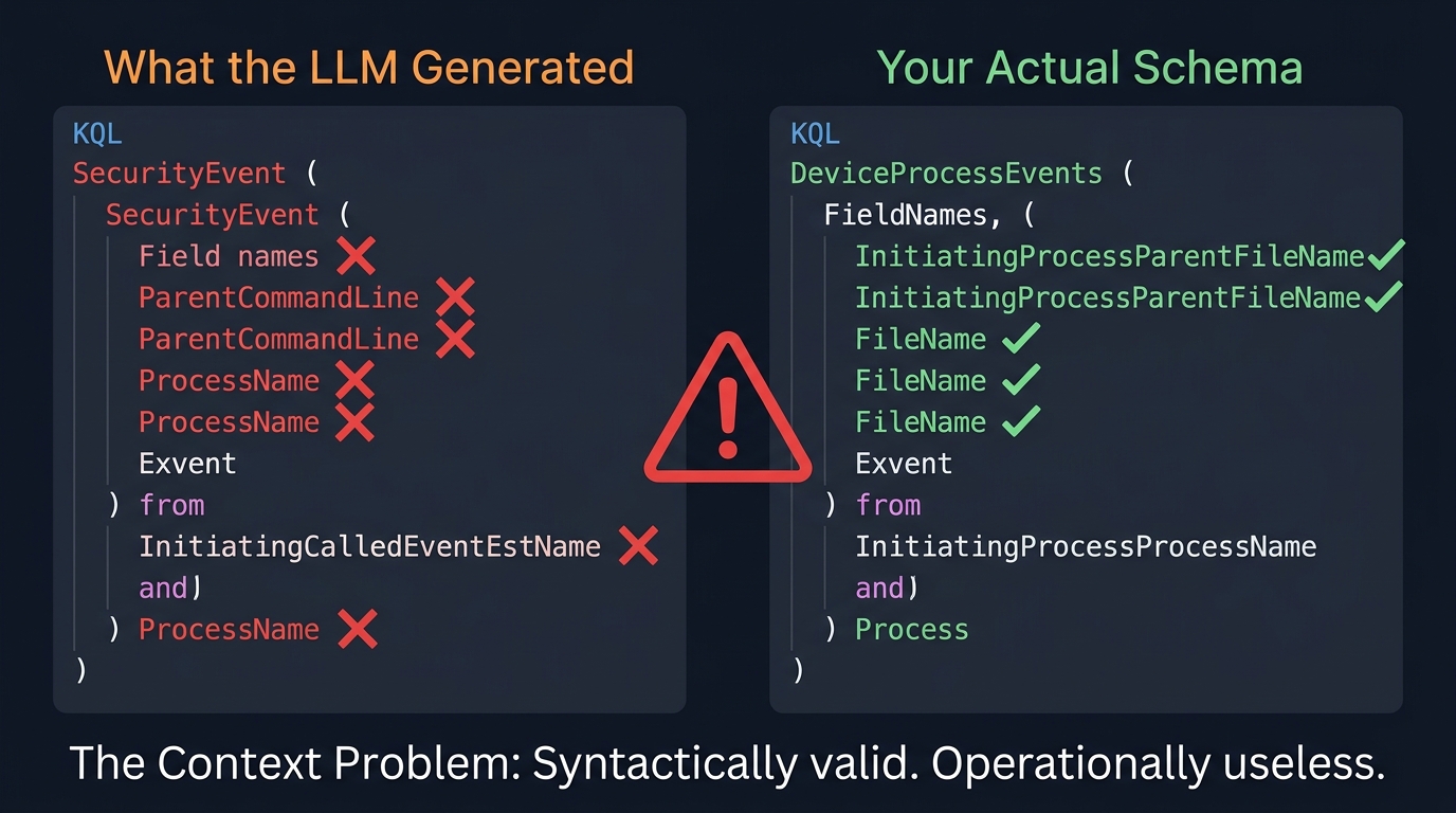 The Context Problem: LLM-generated rules reference fields that don't exist in your environment. Syntactically valid. Operationally useless.