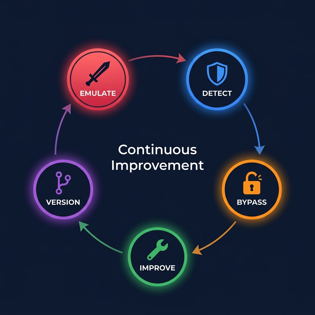 The purple team feedback loop: Emulate, Detect, Bypass, Improve, Version - continuous improvement through adversary-driven detection engineering.