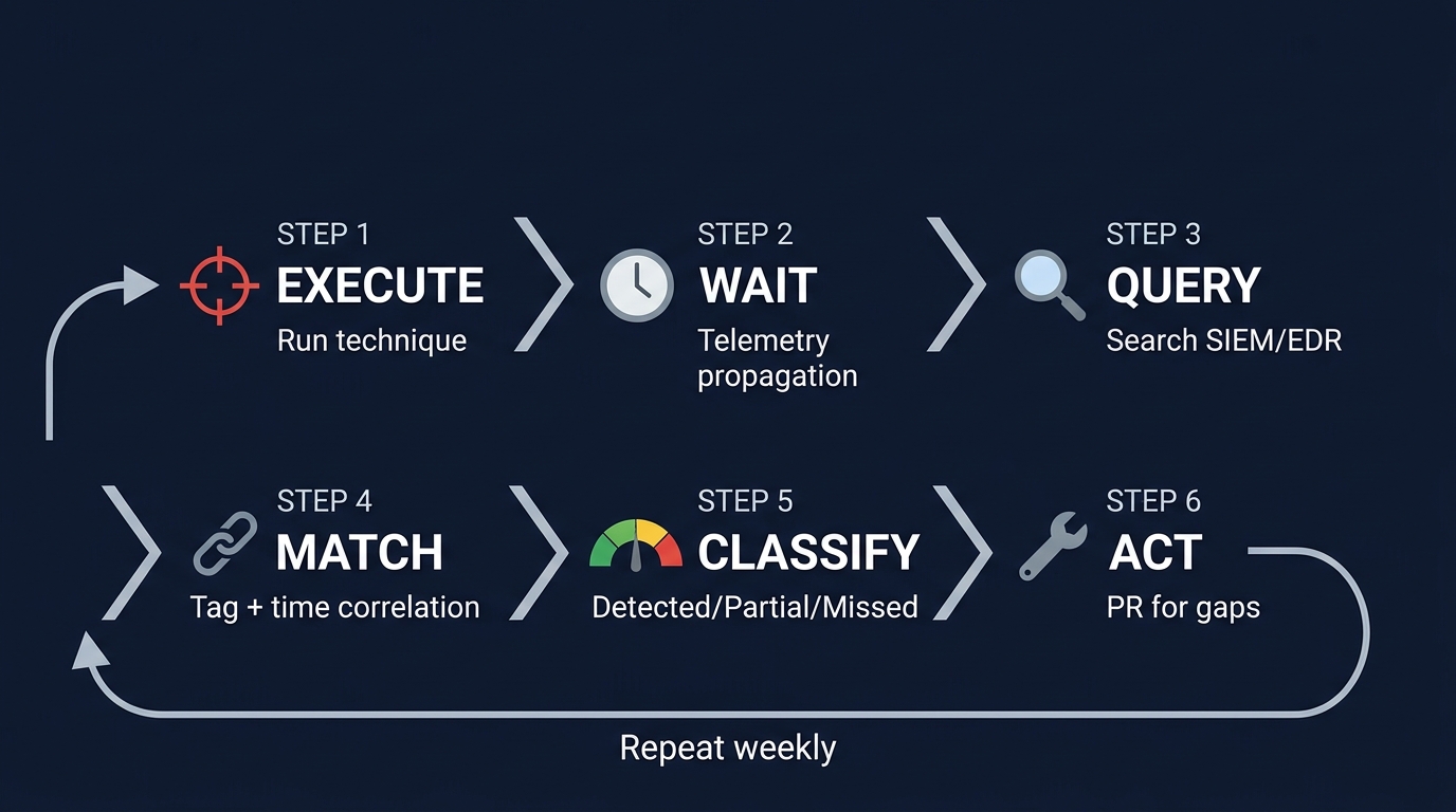 The 6-step validation workflow: Execute, Wait, Query, Match, Classify, Act - repeat weekly.