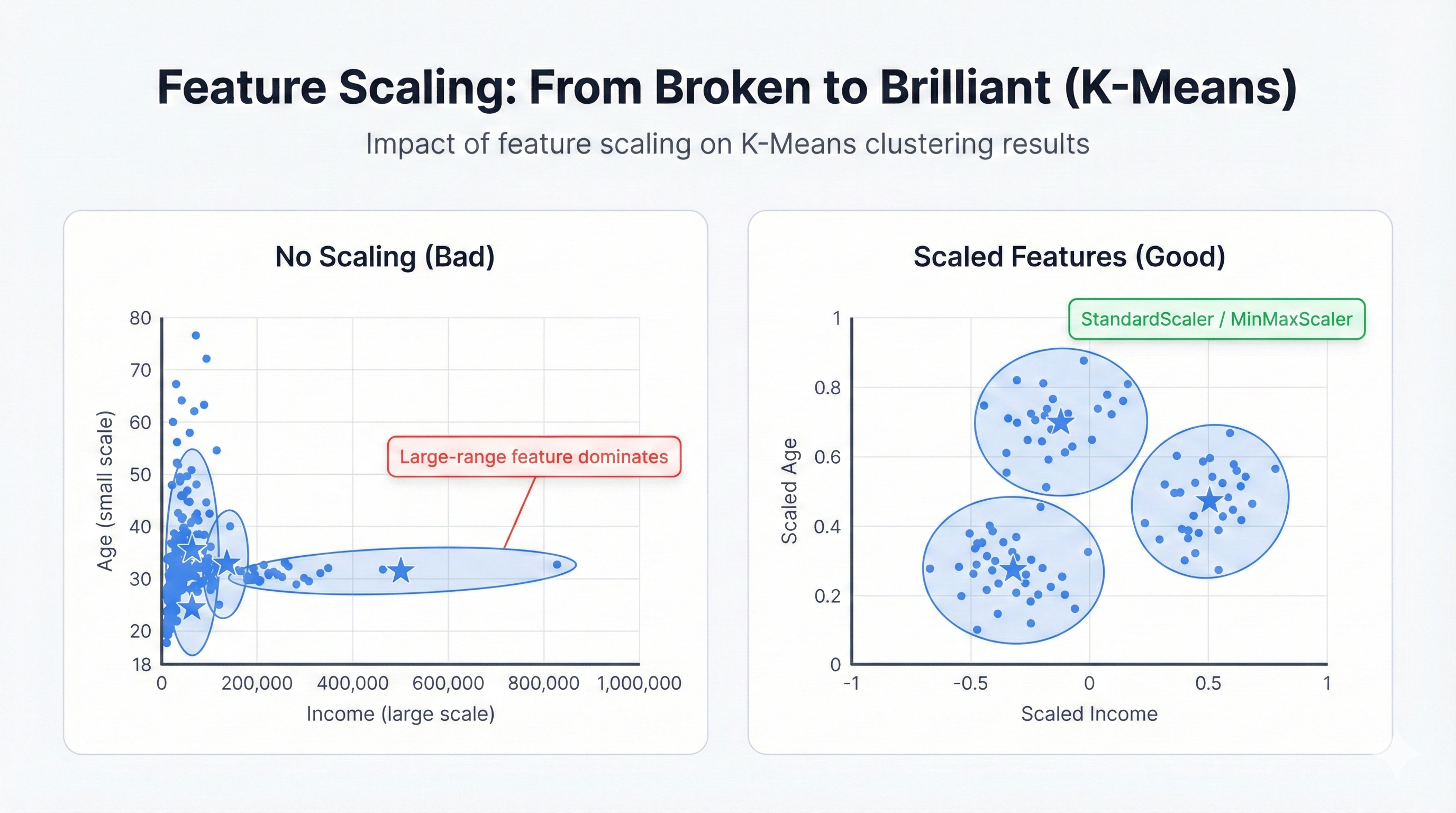 Before and after comparison of K-Means clustering results showing dramatic improvement after feature scaling is applied