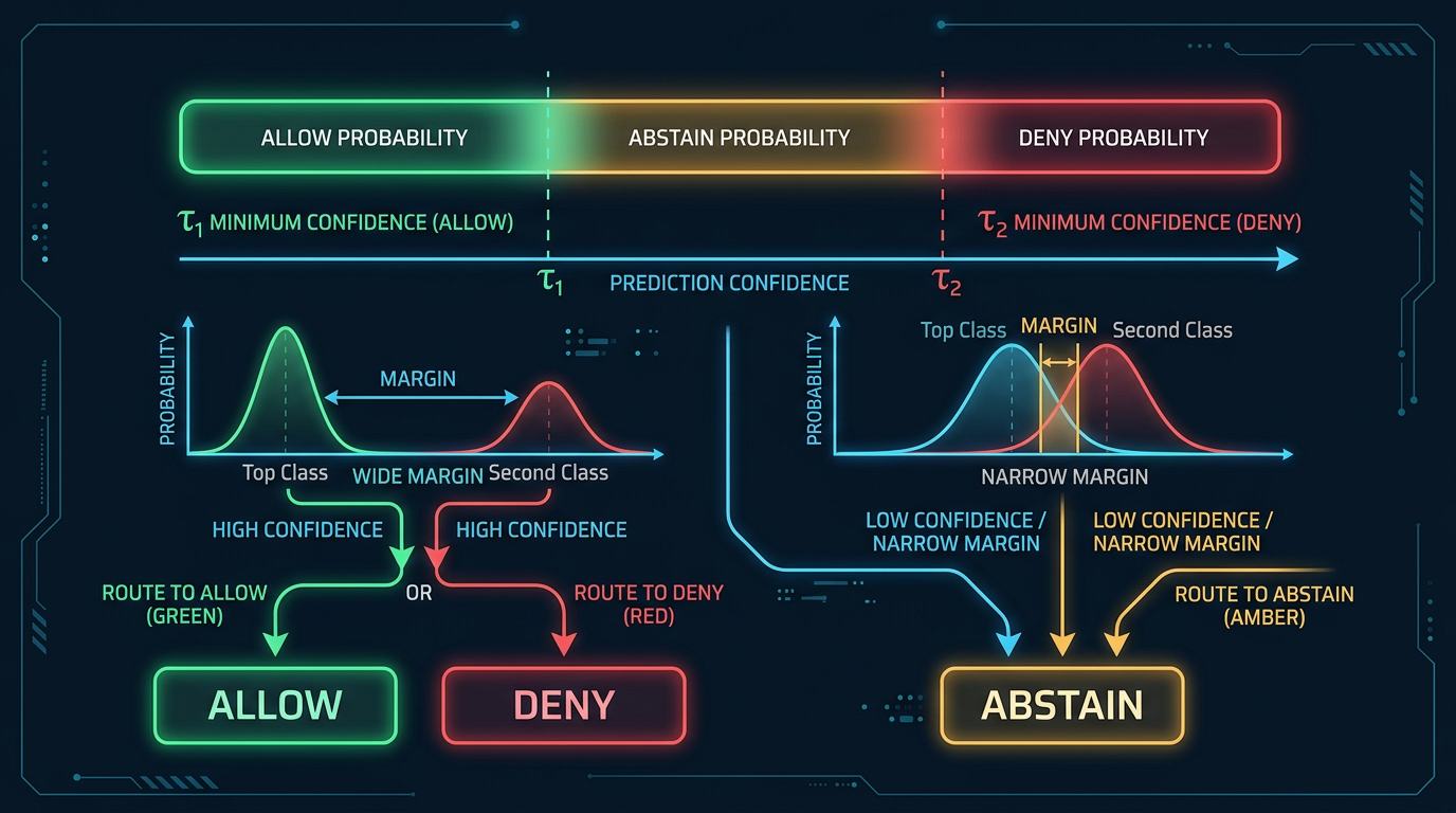 Three-way decision flow diagram: a user query enters the classifier producing three probability scores (p_allow, p_deny, p_abstain). If p_allow exceeds tau_allow (0.80) AND the margin over competing classes exceeds margin_allow (0.10), the decision is ALLOW. If p_deny exceeds tau_deny (0.90) AND the margin exceeds margin_deny (0.10), the decision is DENY. All other cases default to ABSTAIN, which triggers a clarification prompt to the user.