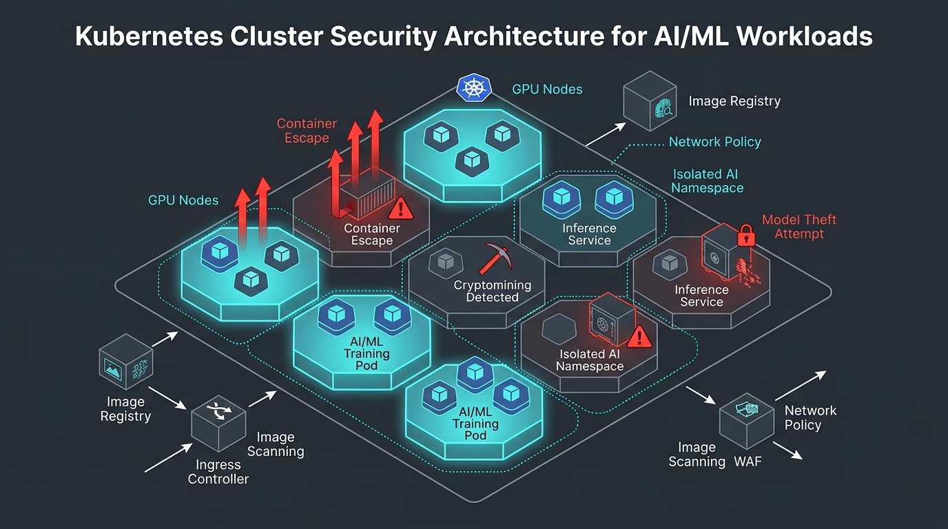 Kubernetes cluster architecture with GPU nodes, model registry, and security controls