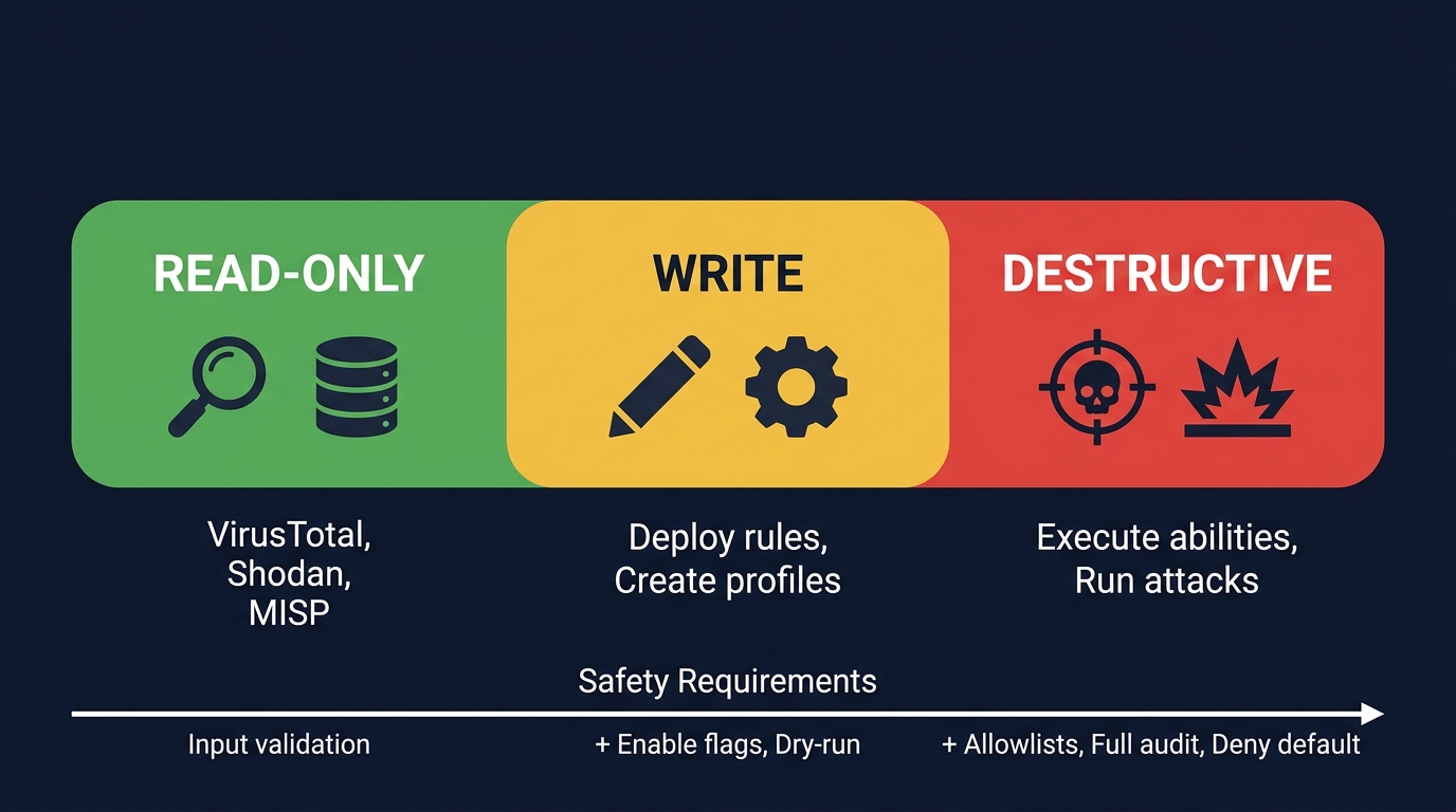 The security tool risk spectrum: read-only (input validation), write (plus enable flags, dry-run), destructive (plus allowlists, full audit, deny default).