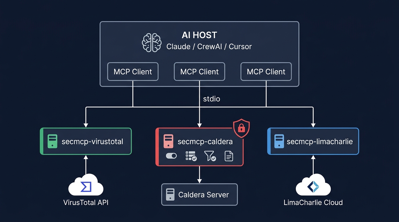 MCP architecture for security tools: AI host connects via stdio to multiple MCP servers, each wrapping a different security platform with appropriate safety controls.