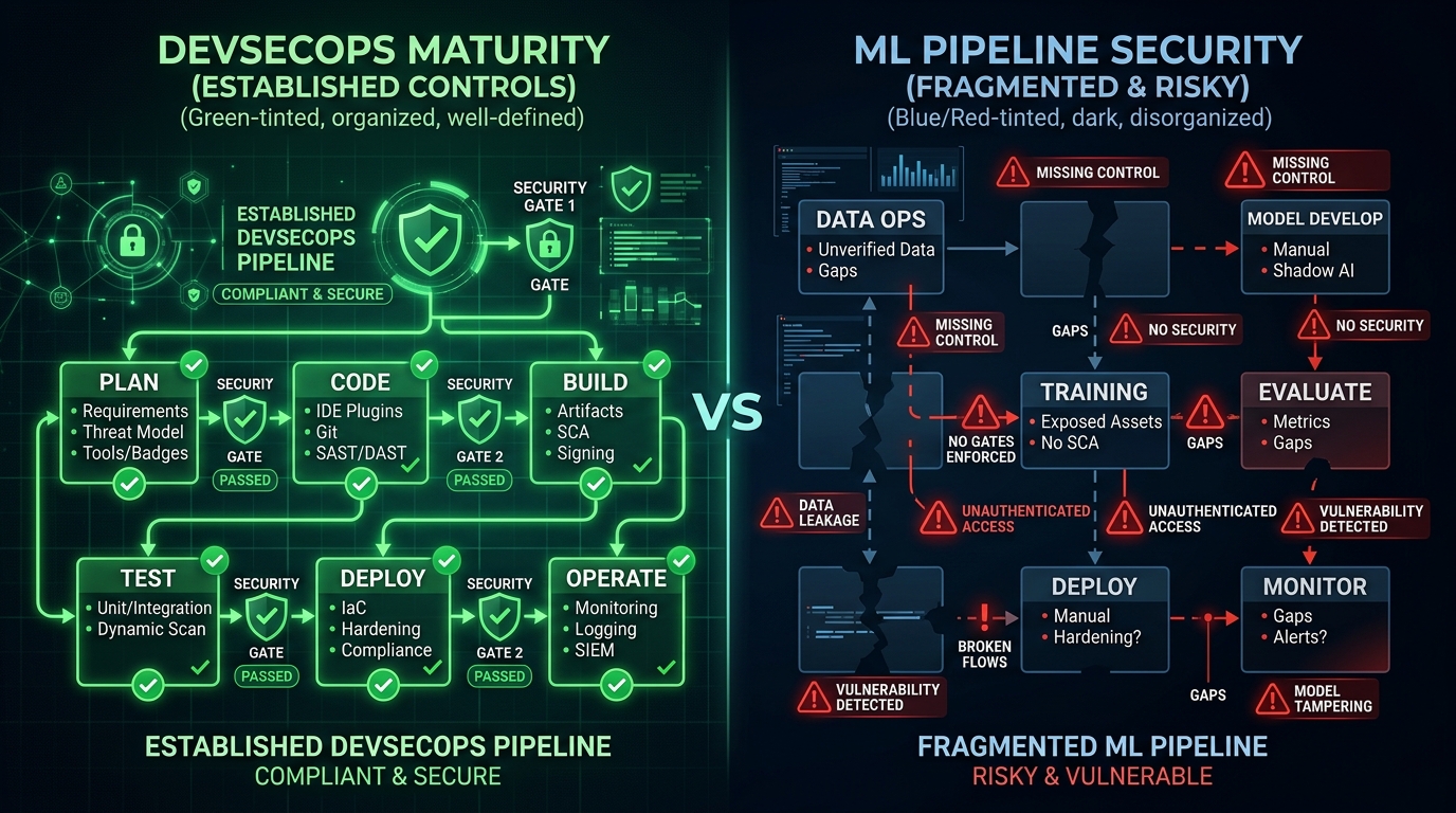 Comparison showing mature DevSecOps pipeline versus fragmented ML pipeline security