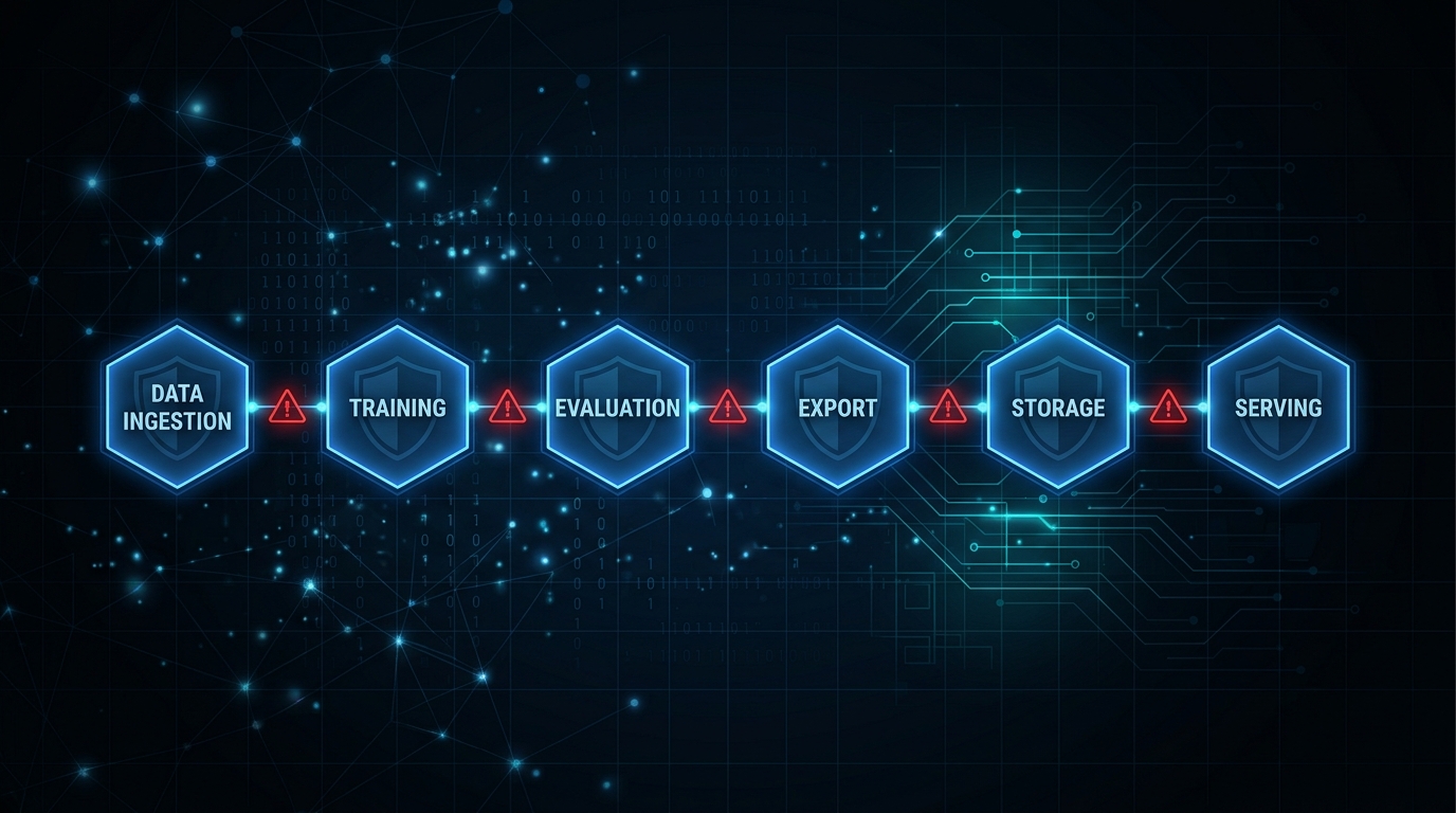 ML pipeline security lifecycle showing six stages with security controls