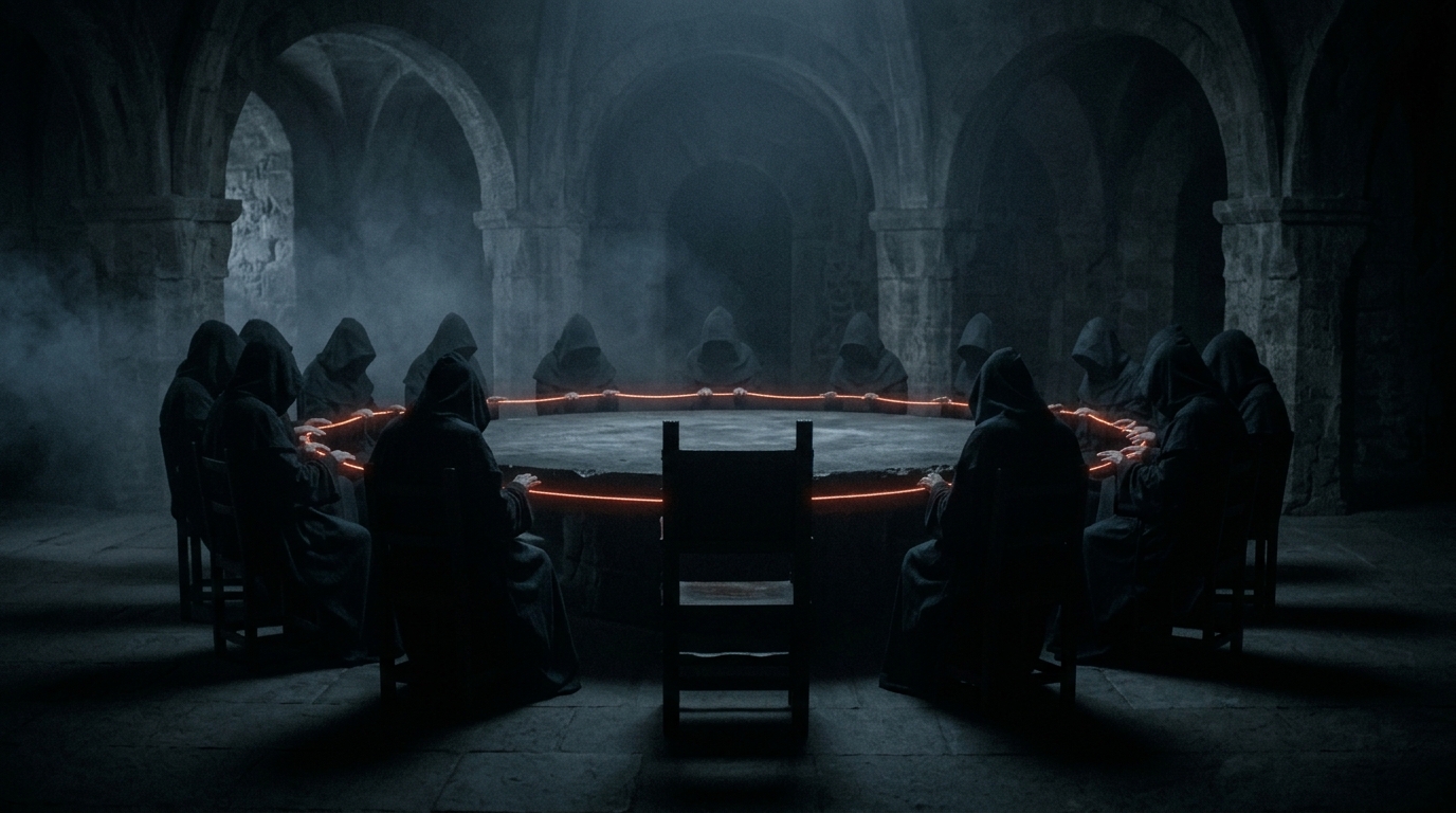 A dim council chamber: a ring of identical silhouetted figures seated around a circular table, all leaning the same way in apparent agreement, with a single thin thread of red-orange light passing unseen from one figure to the next around the ring.