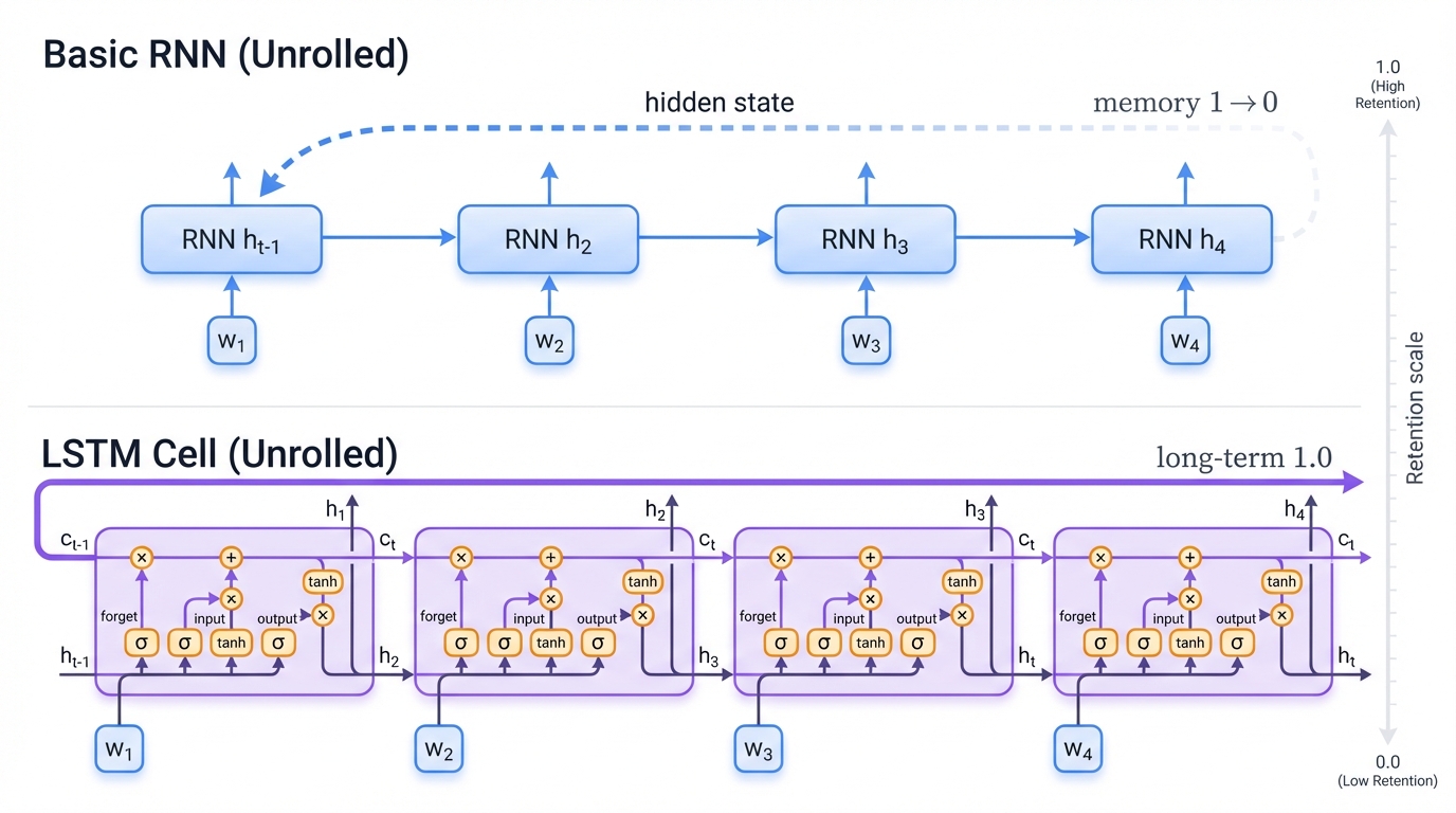 RNN vs LSTM Memory Flow