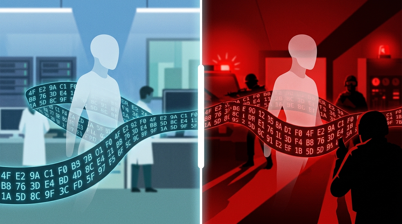 Split-screen illustration of an identical AI agent and byte stream seen two ways: calm blue engineering lab on the left, red national-security crisis response on the right.