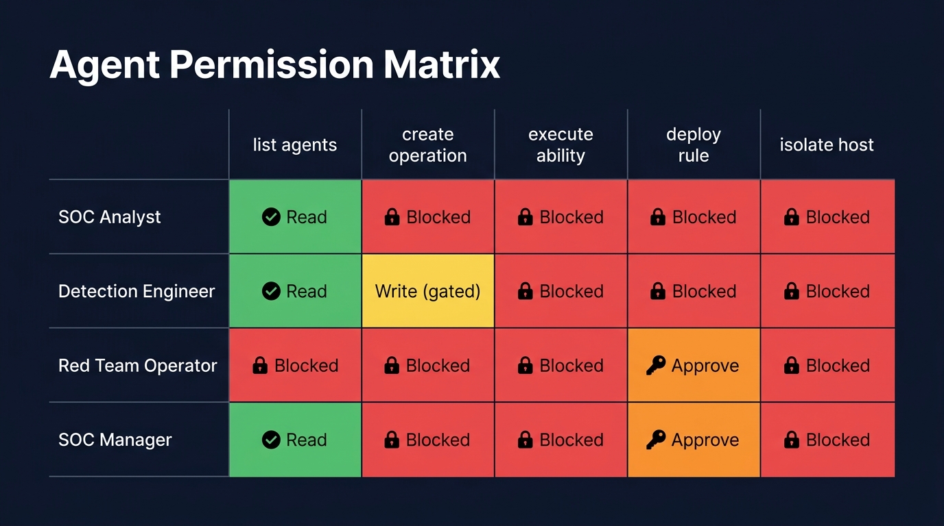 Agent Permission Matrix: most intersections are blocked. Read access is broad, write is narrow, destructive is gated.