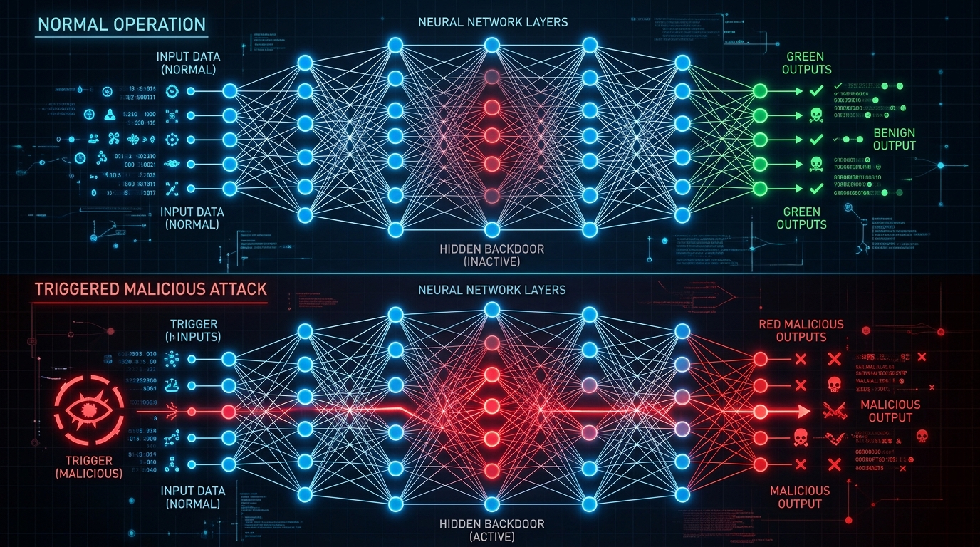 Backdoor trigger attack showing normal operation vs triggered malicious behavior in neural network layers