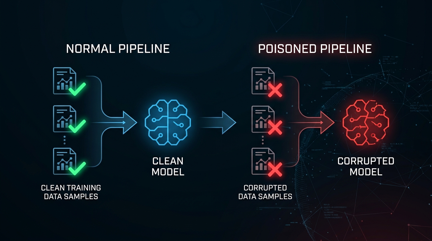 Label flipping attack: normal pipeline with clean data producing a healthy model vs poisoned pipeline with corrupted labels producing a compromised model