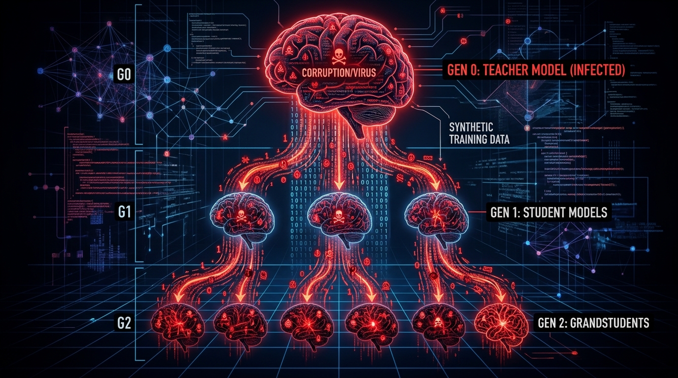 Virus infection cascade: poisoned teacher model propagating corruption through generations of student models via synthetic training data