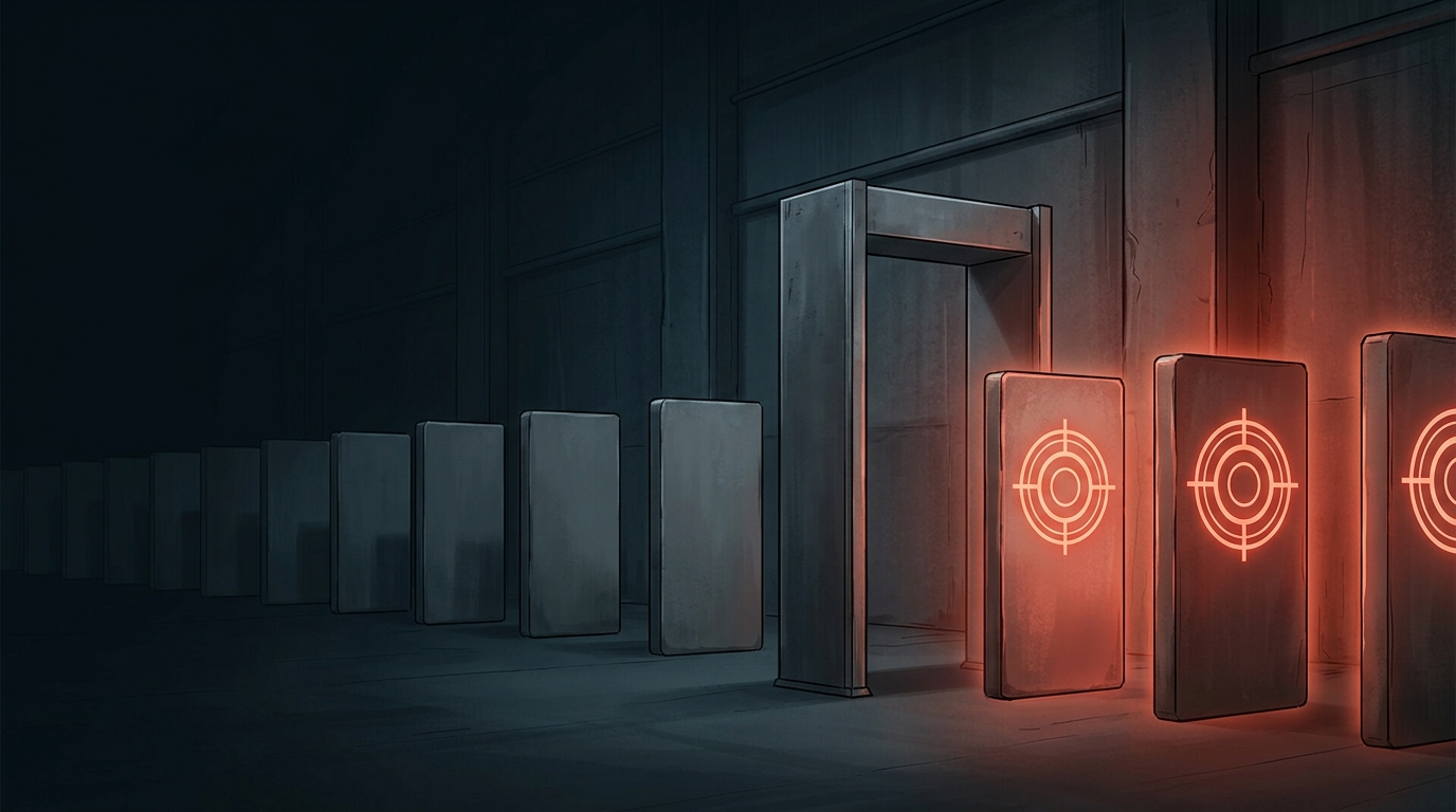 A dark corridor: identical grey unmarked slabs drift from the left through a bare, unmanned, unlabeled checkpoint arch, and emerge on the right glowing red-orange and stamped with an authoritative emblem they never earned.