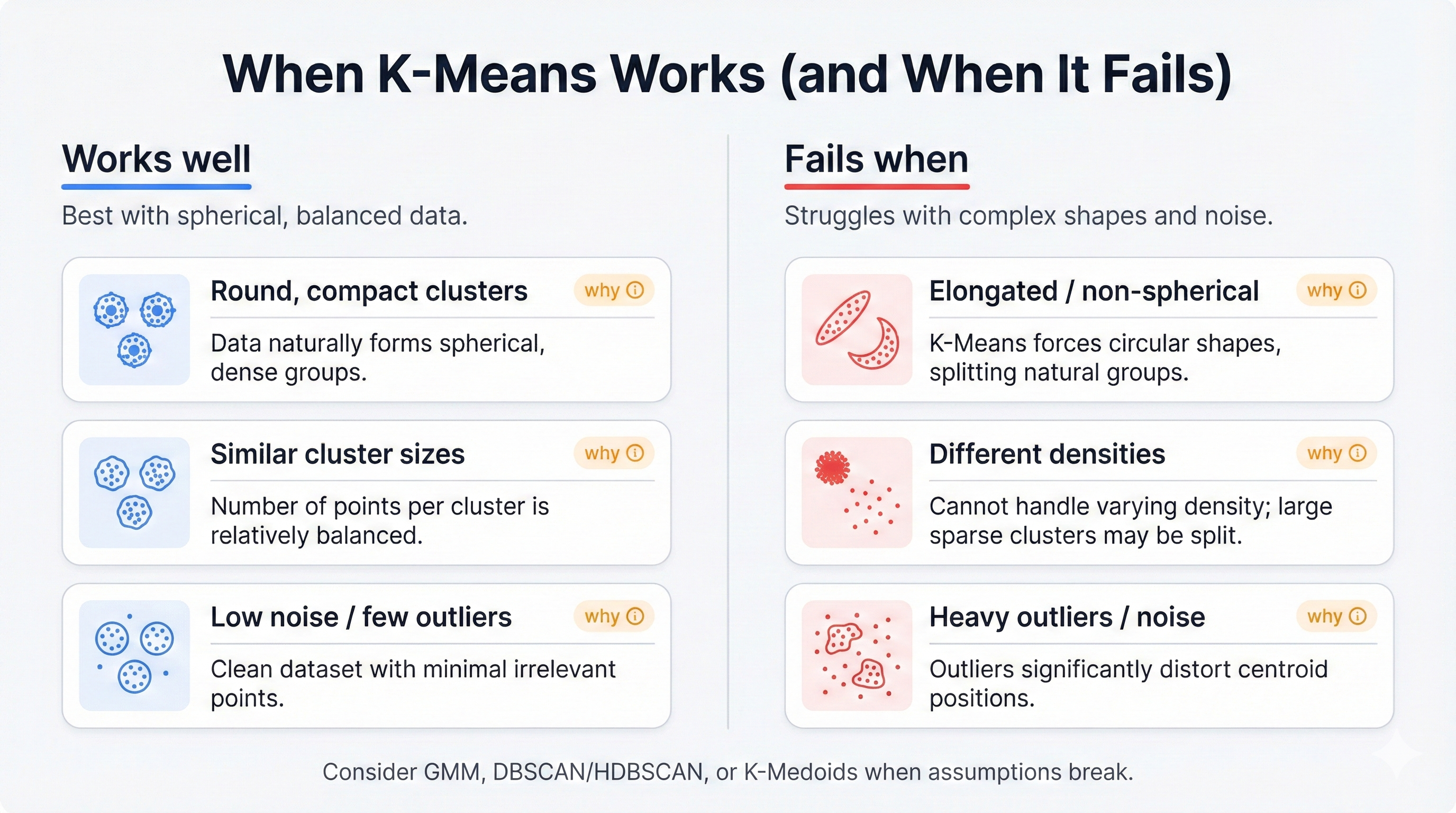 Comparison showing when K-Means works well (spherical, equally-sized clusters) versus when it struggles (elongated, varying density clusters)