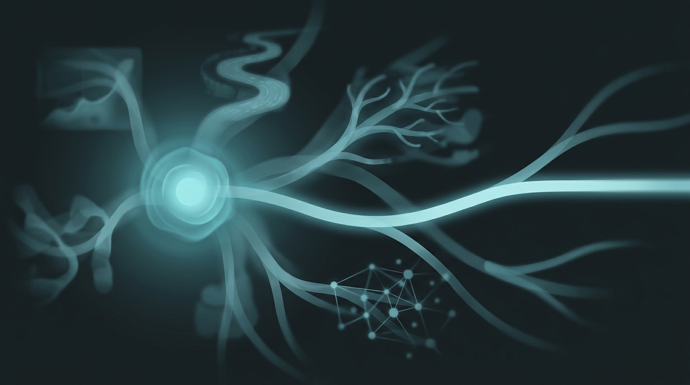 A glowing core projecting several translucent candidate future paths, with one resolving into a brighter committed path.
