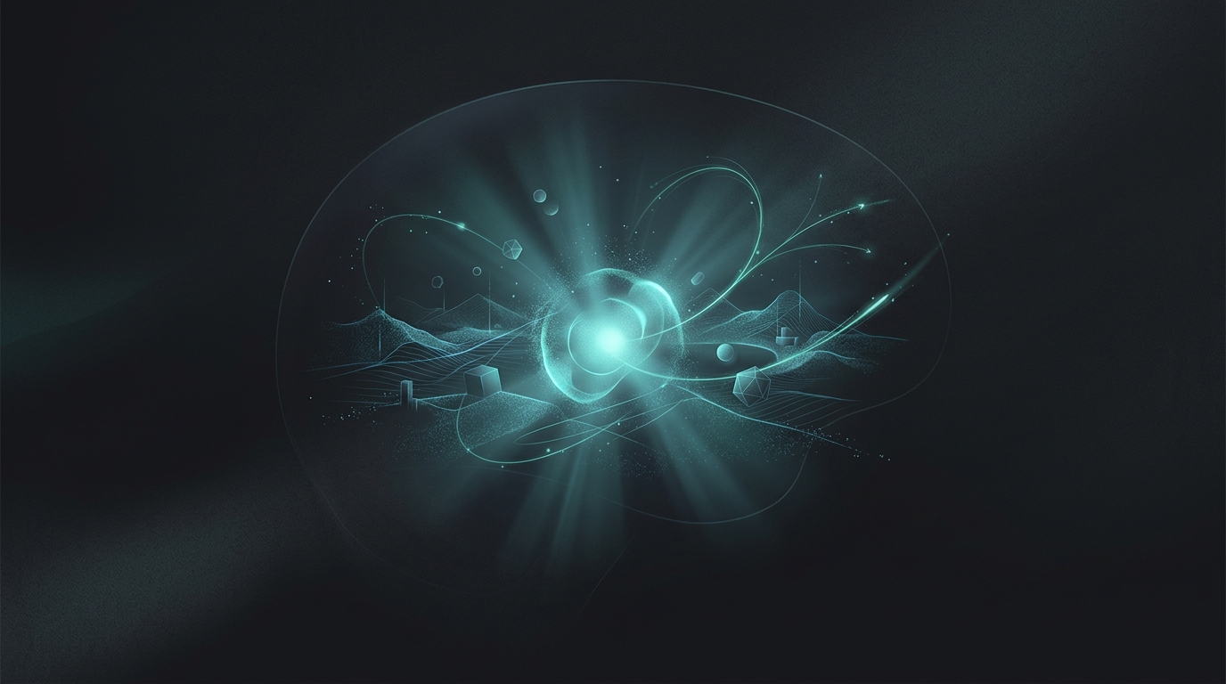 An abstract glowing teal core with a small simulated world (terrain, geometric objects, motion trajectories) unfolding around it, framed in a mind-like silhouette.