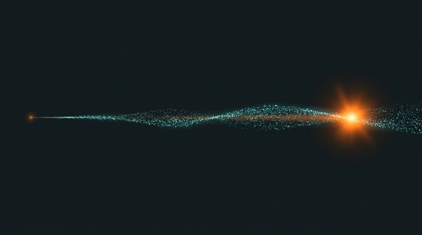 A faint spark enters a flowing data stream on the left and blooms into a bright burst far downstream on the right, depicting a delayed-effect attack.