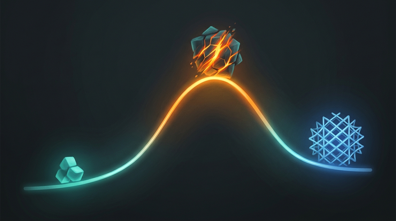 A bell curve with a stable teal cluster at the low left, a fracturing amber-cracked cube at the peak, and an orderly blue lattice sphere at the low right.