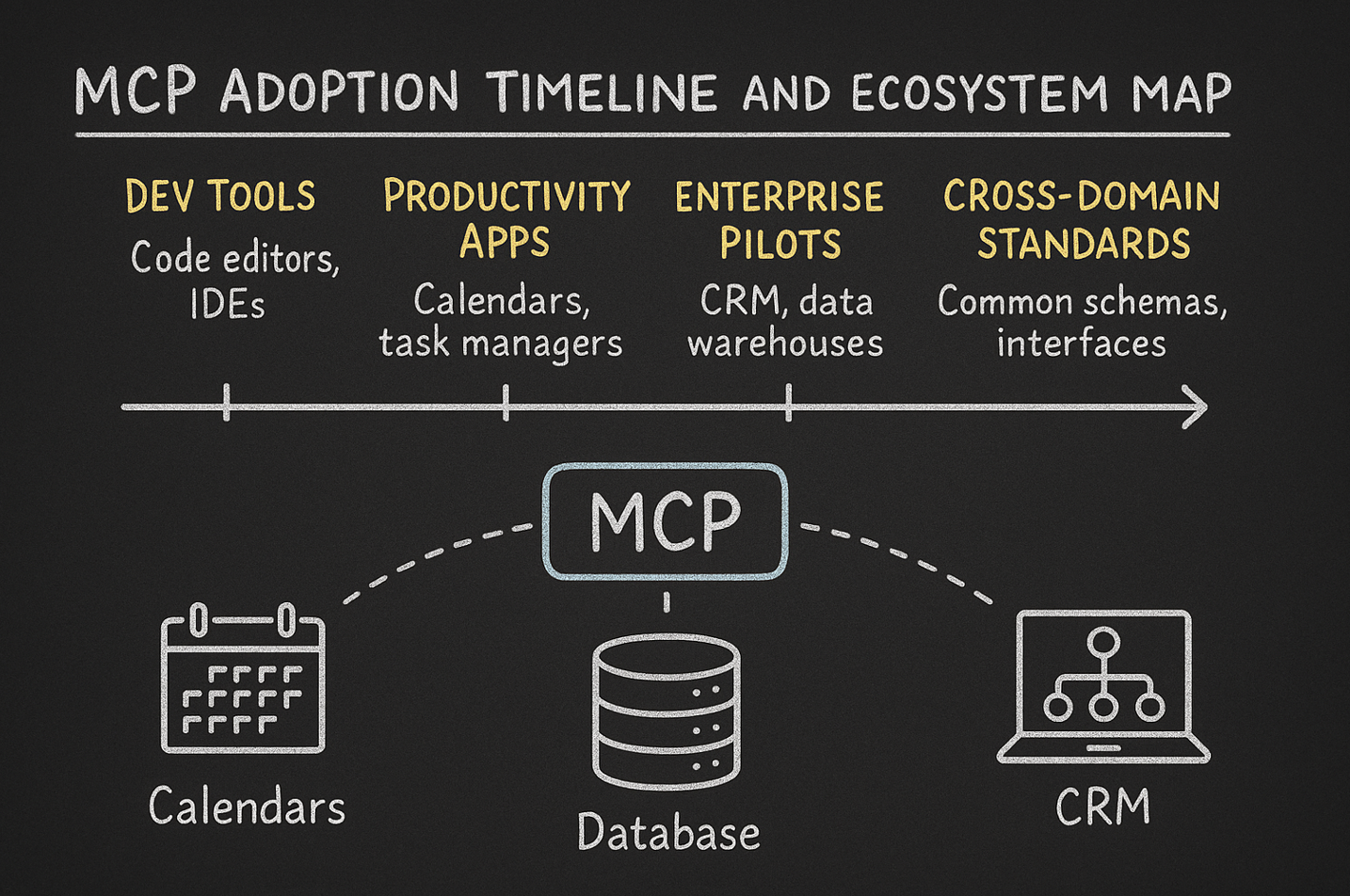 MCP Adoption Timeline and Ecosystem Map showing progression from Dev Tools to Productivity Apps to Enterprise Pilots to Cross-Domain Standards with connections between Calendars, Database, and CRM systems