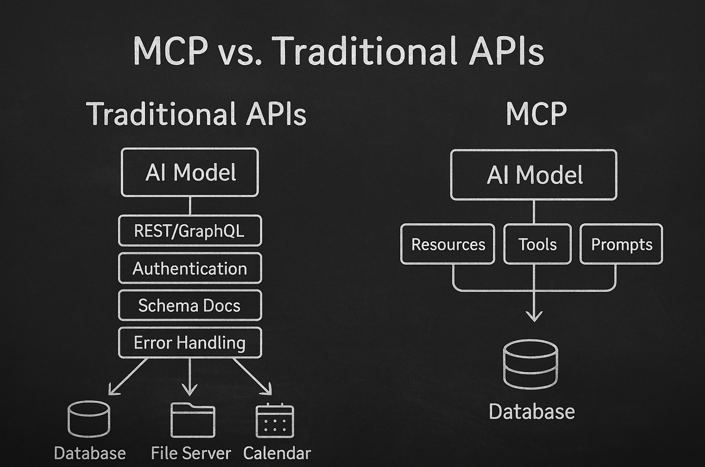 MCP vs Traditional APIs comparison showing the simplified approach MCP takes with Resources, Tools, and Prompts instead of complex REST/GraphQL layers